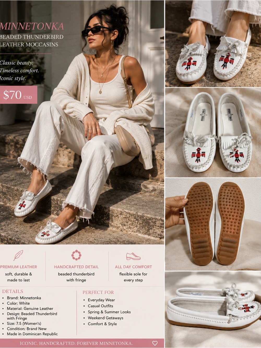 Minnetonka White Leather Beaded Thunderbird Moccasins